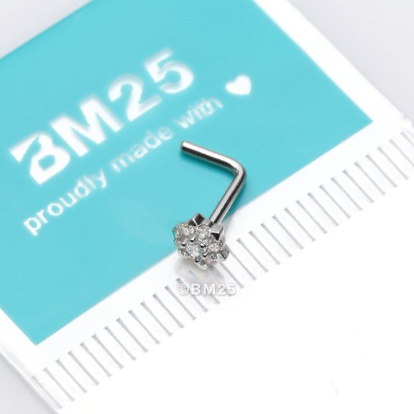14 Karat White Gold Glistening Multi-Gem Flower Sparkle L-Shaped Nose Ring - Picture 1 of 5